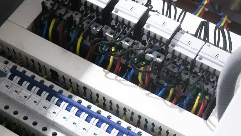 A bunch of wires are plugged into a switch box — stock photo