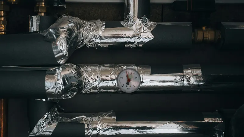 Pipes and equipment are installed on a wall — stock photo