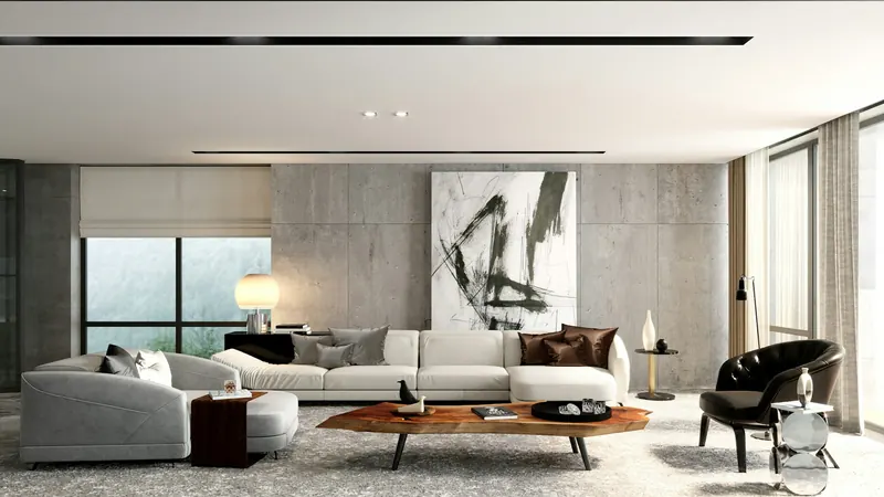 Modern living room with sectional sofa and artwork — stock photo
