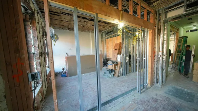 Interior construction with exposed beams and framing — stock photo
