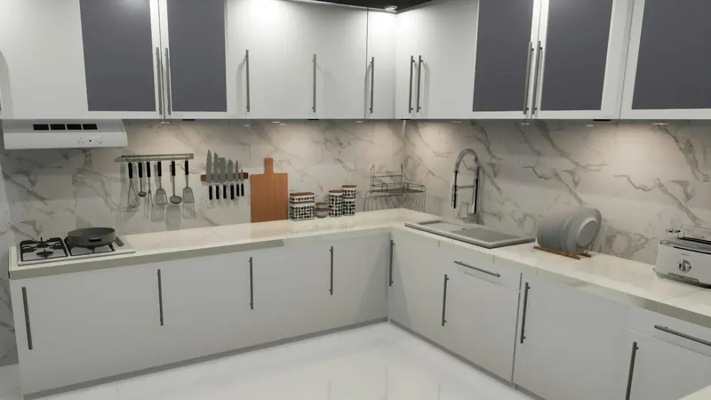 A kitchen with white cabinets and marble counter tops — stock photo