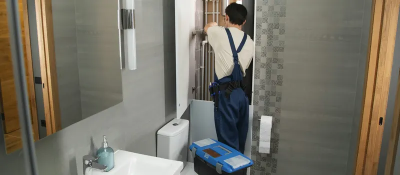 A plumber repairs plumbing in a bathroom — stock photo