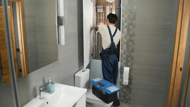 A plumber repairs plumbing in a bathroom — stock photo