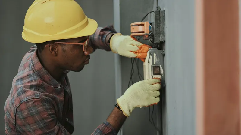 Electrician installing wiring with yellow hardhat — stock photo