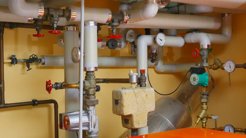 Pipes and valves in a room with orange table — stock photo